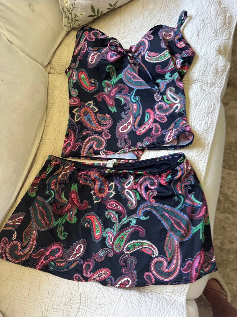Victoria's Secret Black Swim Skirt Set with Pink & Green Paisley